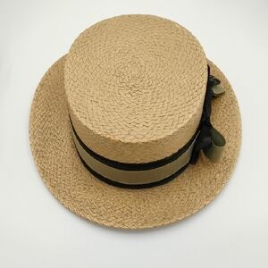Vintage Stylish Tan Straw Hat with Black Ribbon